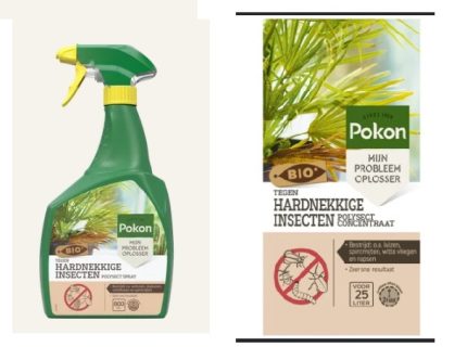 Side-by-side comparison of two Pokon Bio plant care products for persistent insects, showing a green 800ml spray bottle on the left and a box of concentrated formula on the right.